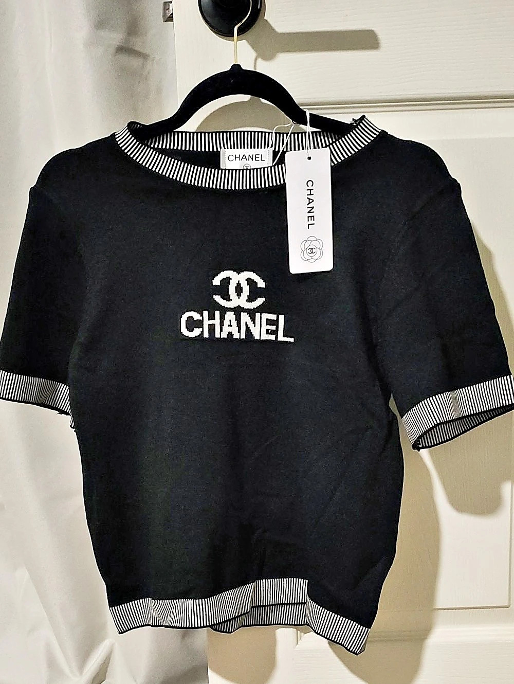 Chanel Striped Logo Short Sleeve Top in Black & White NWT